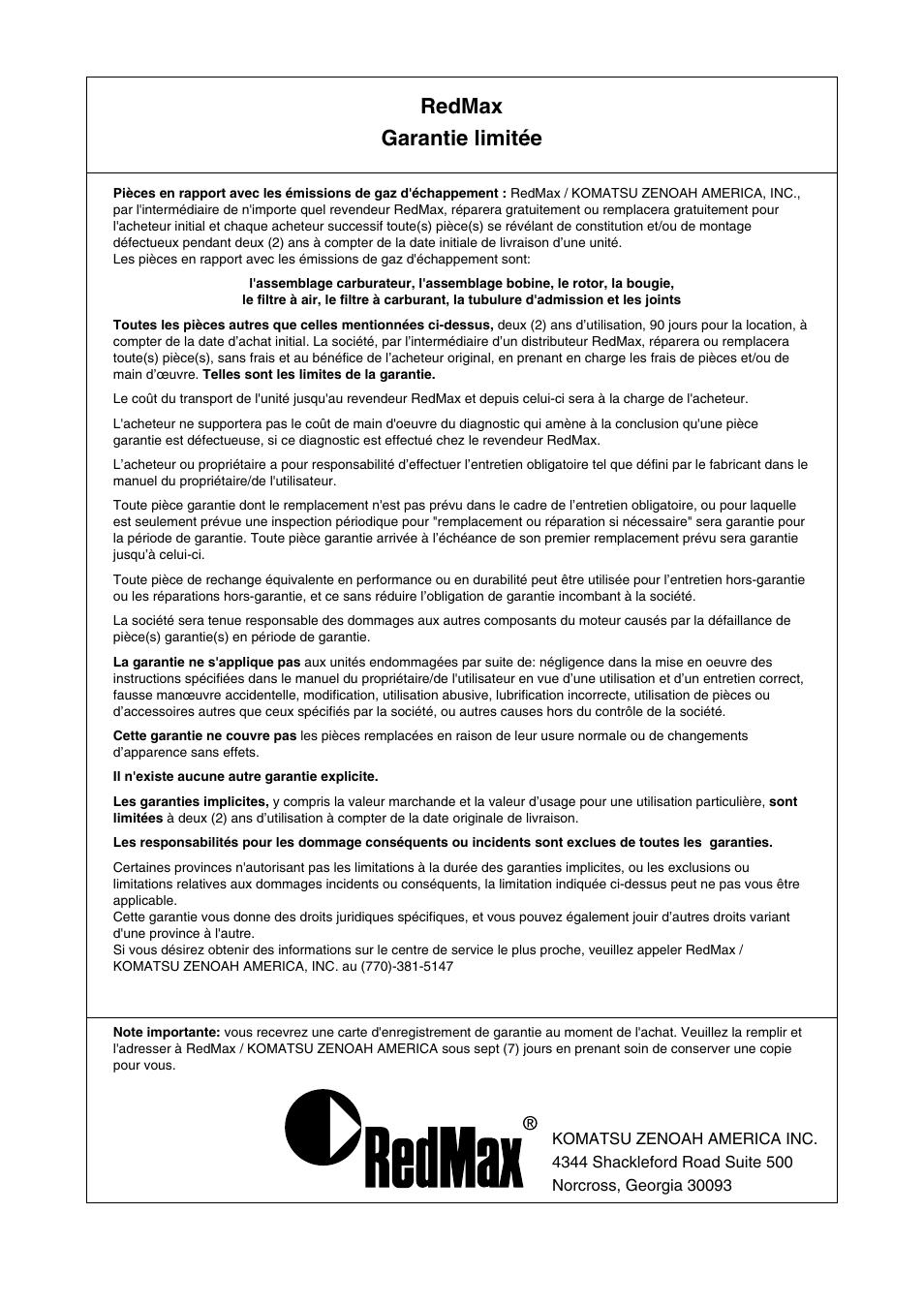 Redmax garantie limitée | Zenoah EXtremeTM EXZ2500S User Manual | Page 59 / 60