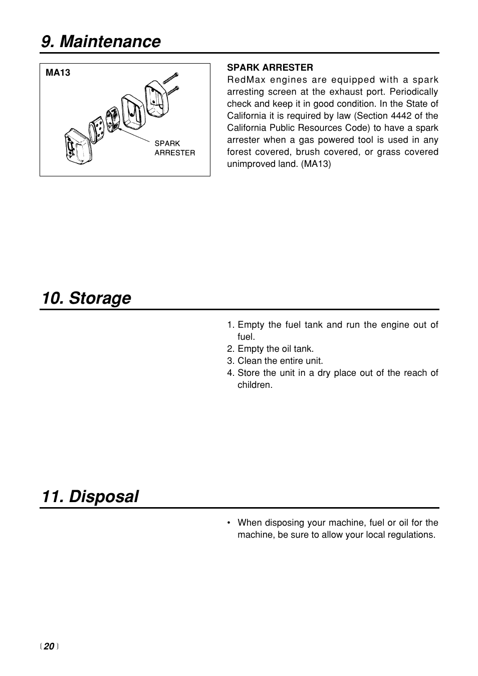 Maintenance 10. storage, Disposal | Zenoah G3100T User Manual | Page 20 / 28