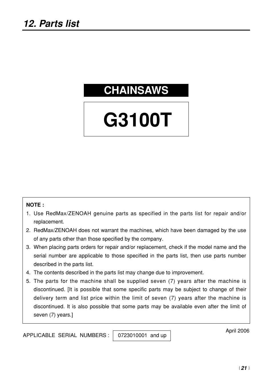 G3100t, Chainsaws, Parts list | Zenoah G3100T User Manual | Page 21 / 28