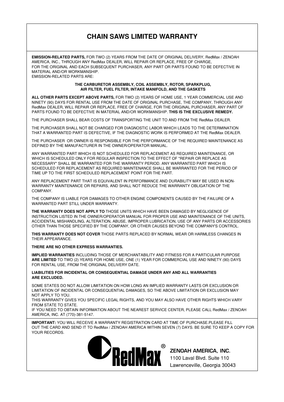 Chain saws limited warranty | Zenoah G3100T User Manual | Page 27 / 28