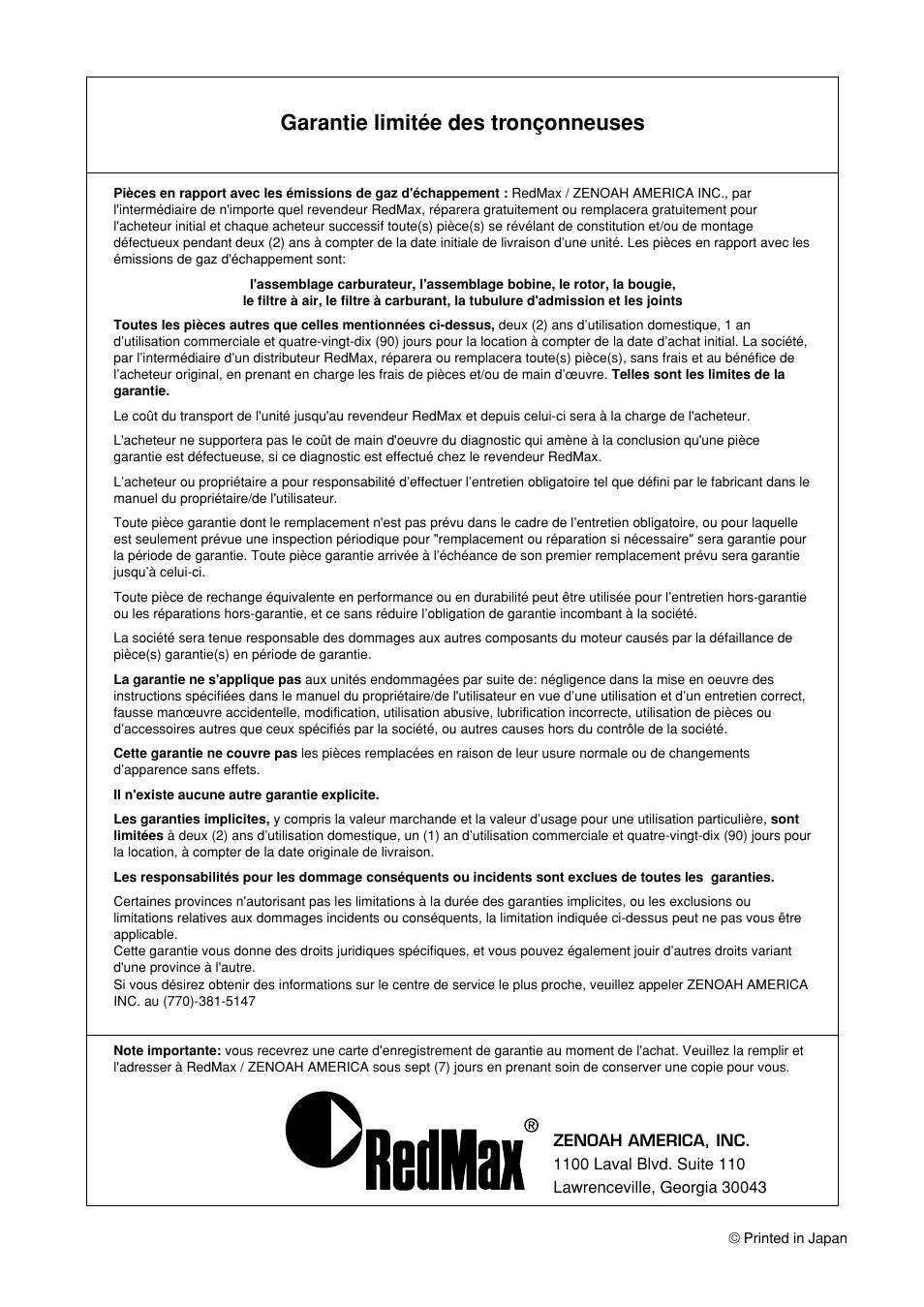 Garantie limitée des tronçonneuses | Zenoah G3100T User Manual | Page 28 / 28