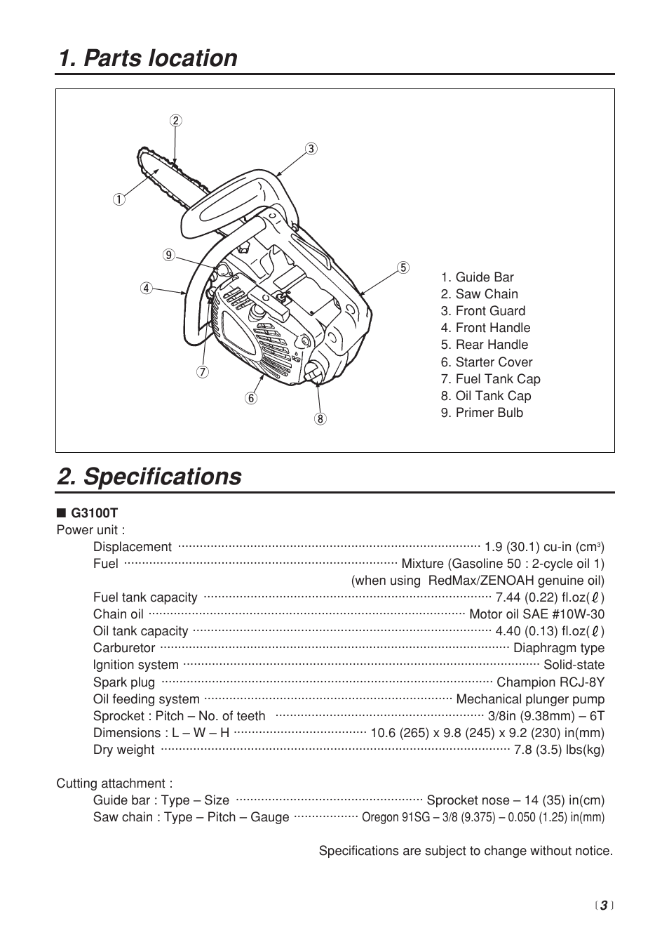 Specifications, Parts location | Zenoah G3100T User Manual | Page 3 / 28