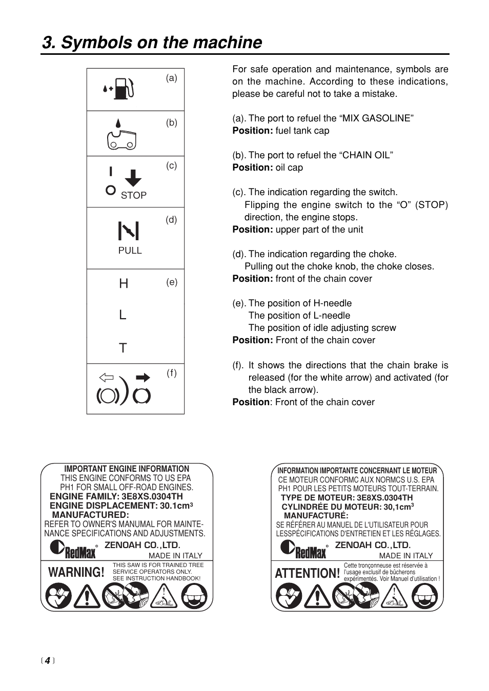 Symbols on the machine, Warning, Attention | Zenoah G3100T User Manual | Page 4 / 28