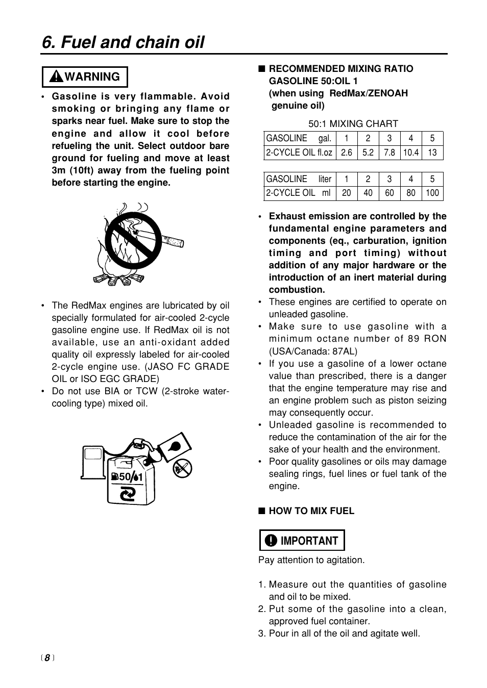 Fuel and chain oil, Warning, Important | Zenoah G3100T User Manual | Page 8 / 28