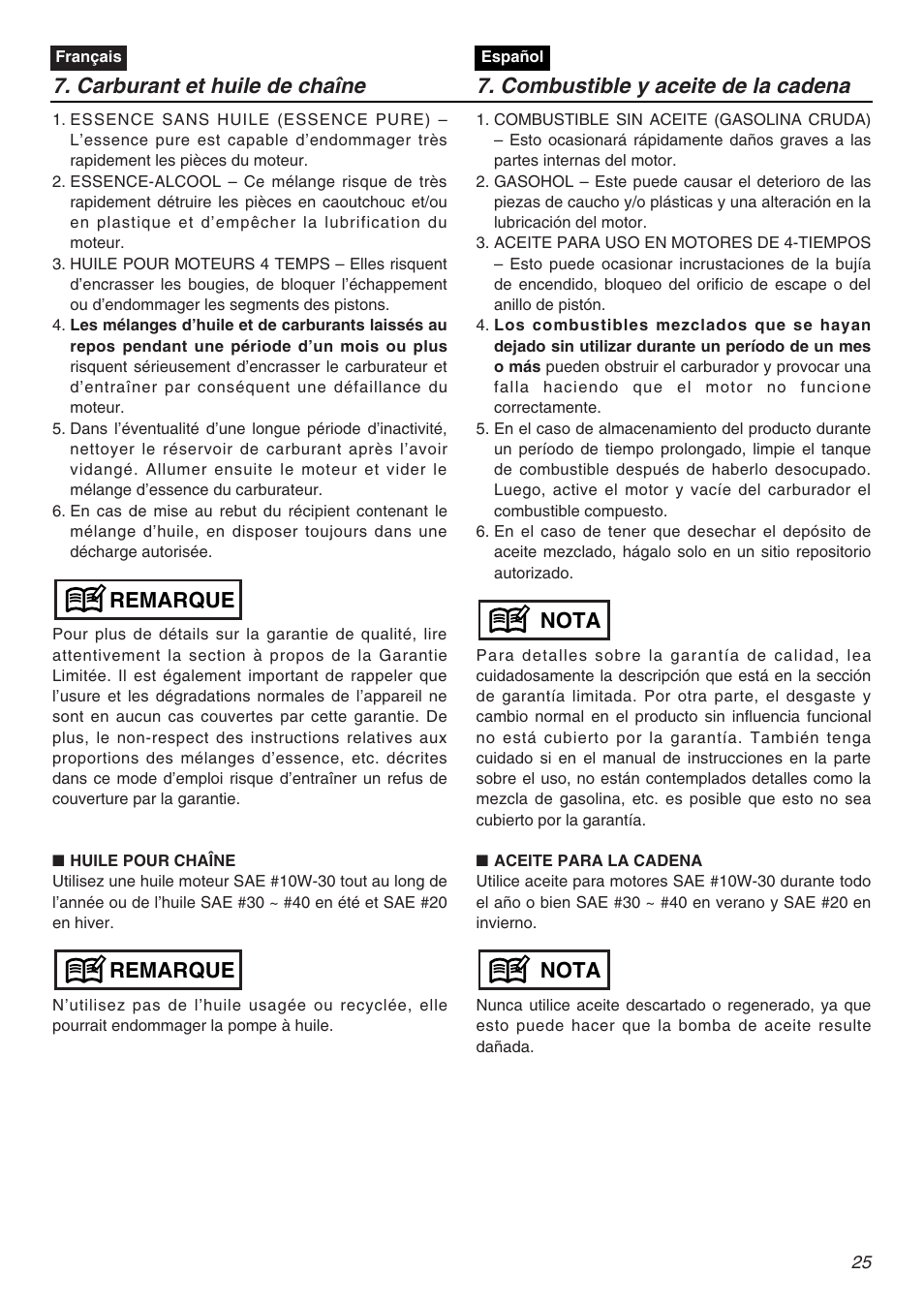 Remarque, Nota | Zenoah KOMATSU G5000AVS User Manual | Page 25 / 72