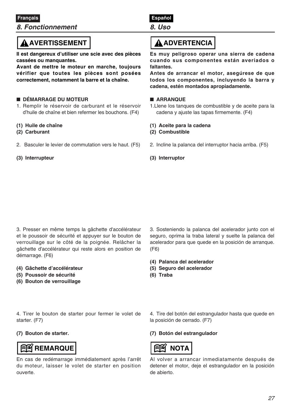 Fonctionnement 8. uso, Remarque avertissement, Nota advertencia | Zenoah KOMATSU G5000AVS User Manual | Page 27 / 72