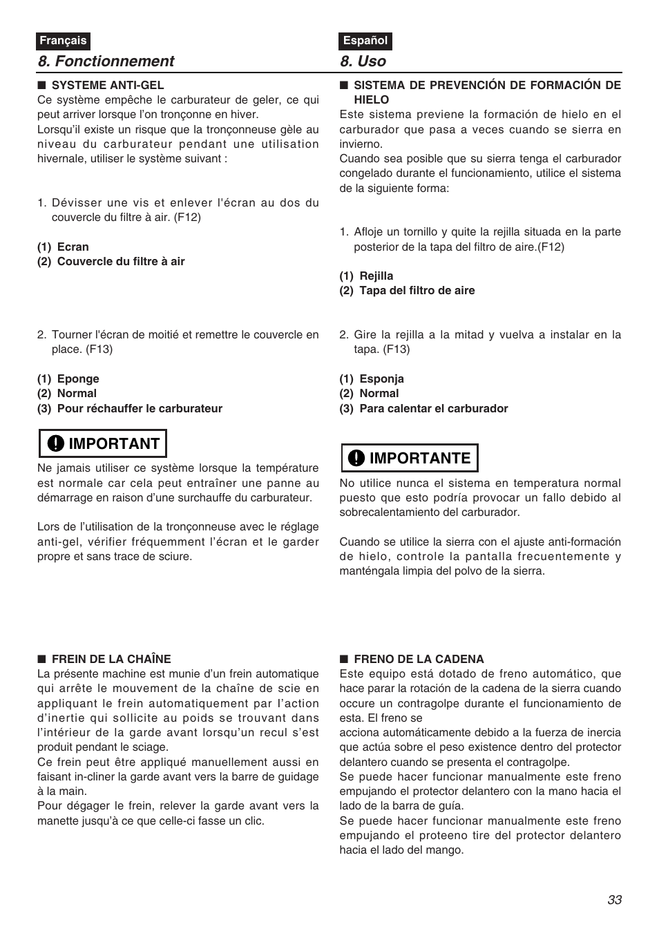 Important 8. fonctionnement, Importante | Zenoah KOMATSU G5000AVS User Manual | Page 33 / 72