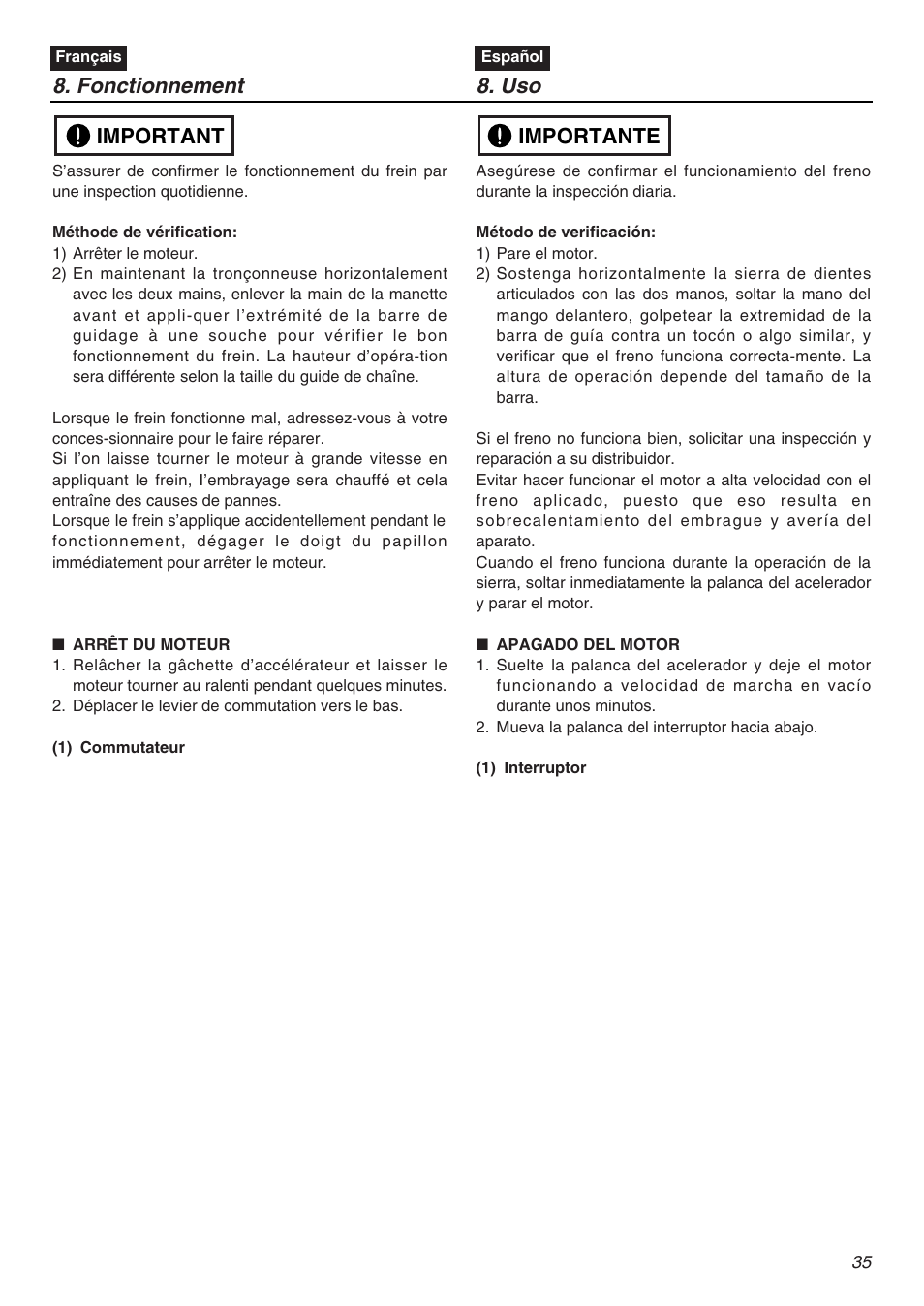 Fonctionnement, Important, Importante | Zenoah KOMATSU G5000AVS User Manual | Page 35 / 72