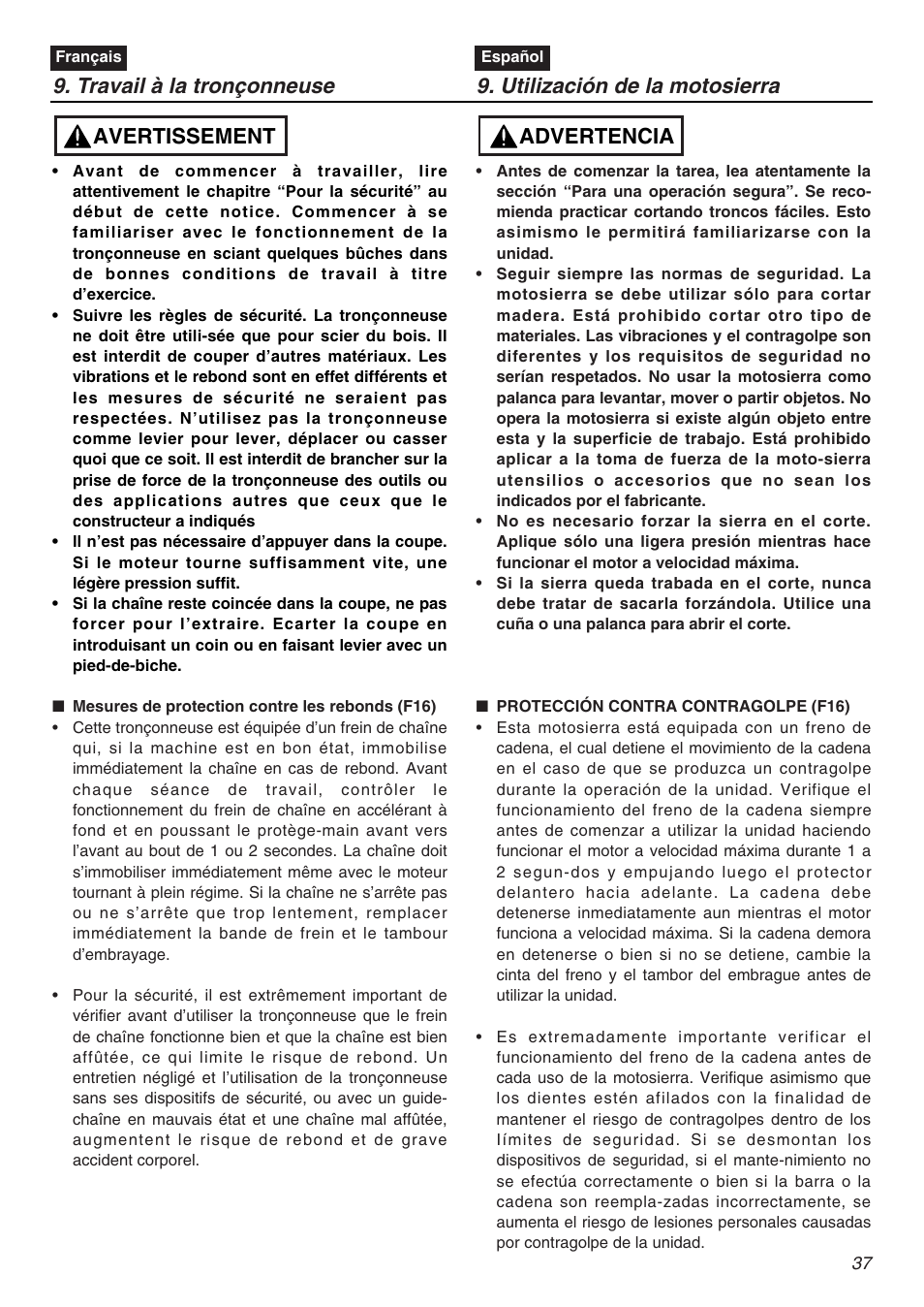 Travail à la tronçonneuse, Utilización de la motosierra, Avertissement | Advertencia | Zenoah KOMATSU G5000AVS User Manual | Page 37 / 72