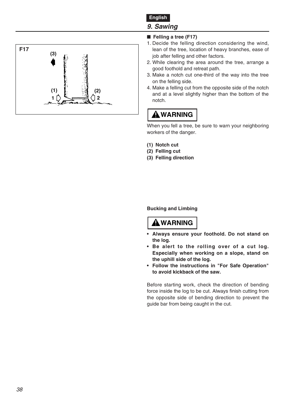 Sawing, Warning | Zenoah KOMATSU G5000AVS User Manual | Page 38 / 72