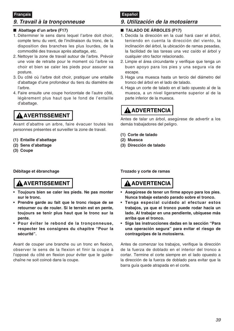 Travail à la tronçonneuse, Utilización de la motosierra, Avertissement | Advertencia | Zenoah KOMATSU G5000AVS User Manual | Page 39 / 72