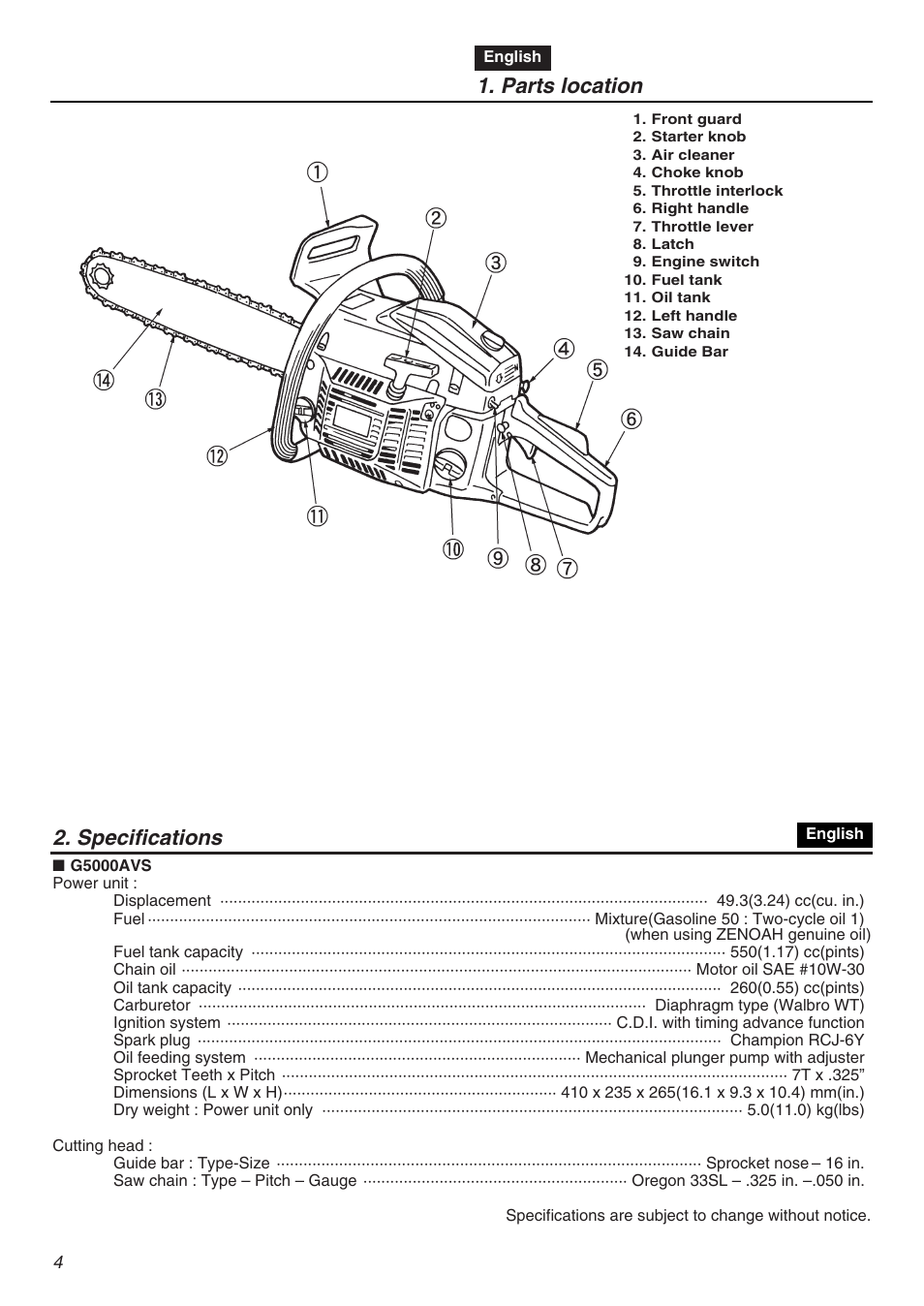 Parts location, Specifications | Zenoah KOMATSU G5000AVS User Manual | Page 4 / 72