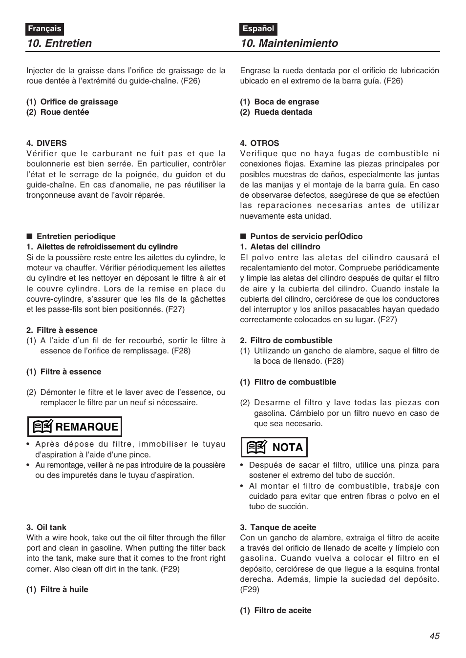 Entretien, Remarque, Nota 10. maintenimiento | Zenoah KOMATSU G5000AVS User Manual | Page 45 / 72