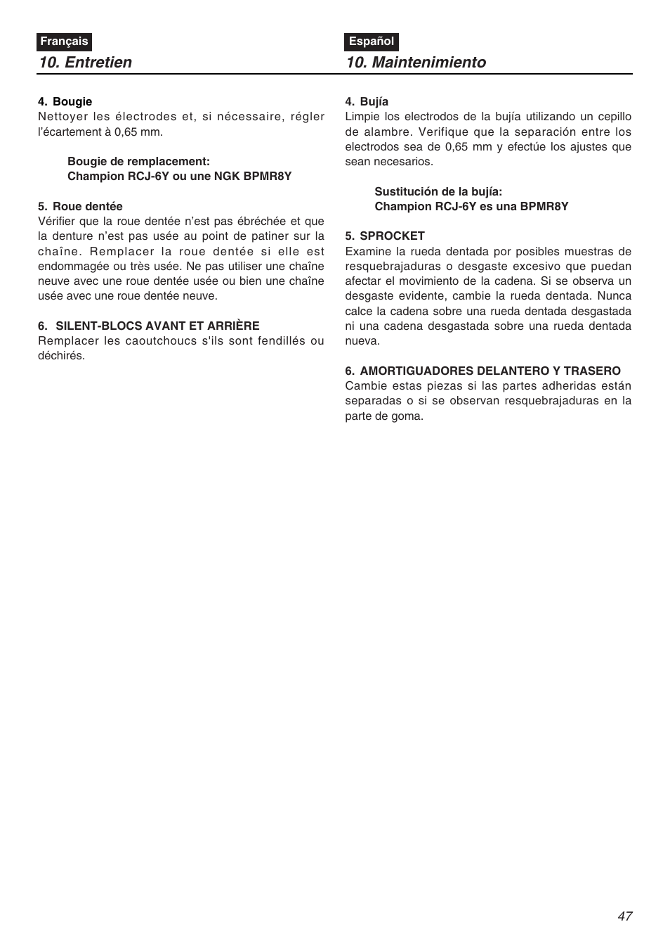 Entretien, Maintenimiento | Zenoah KOMATSU G5000AVS User Manual | Page 47 / 72