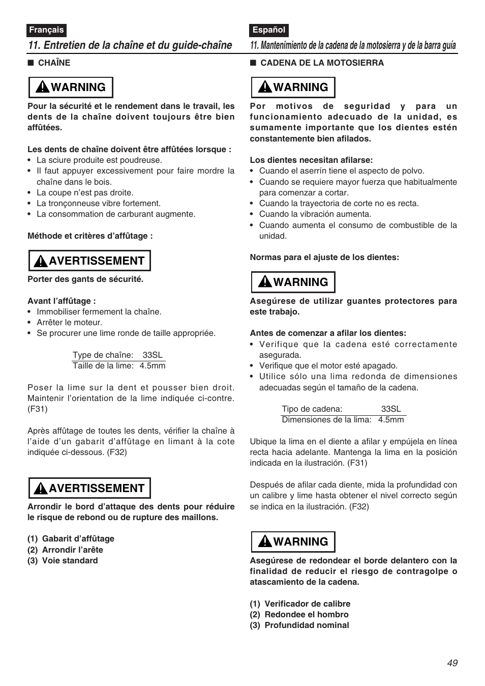 Entretien de la chaîne et du guide-chaîne, Avertissement, Warning | Zenoah KOMATSU G5000AVS User Manual | Page 49 / 72