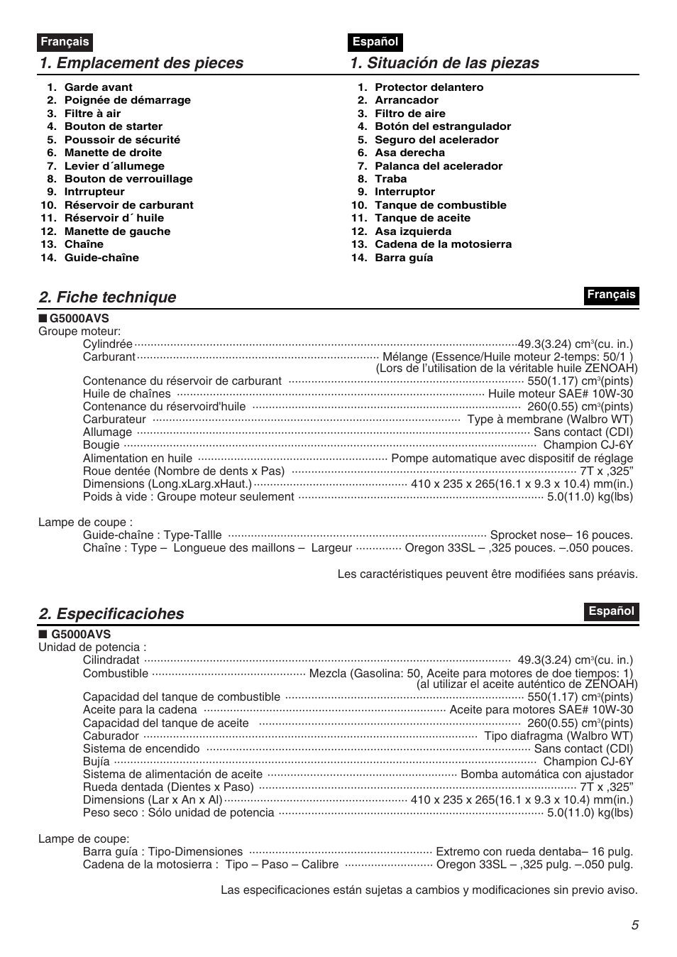 Emplacement des pieces 1. situación de las piezas, Fiche technique, Especificaciohes | Zenoah KOMATSU G5000AVS User Manual | Page 5 / 72