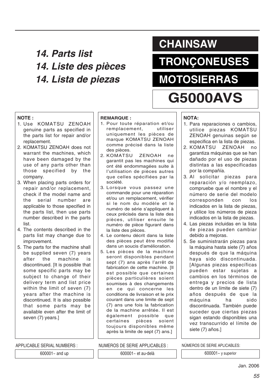 G5000avs, Chainsaw tronçoneuses motosierras | Zenoah KOMATSU G5000AVS User Manual | Page 55 / 72