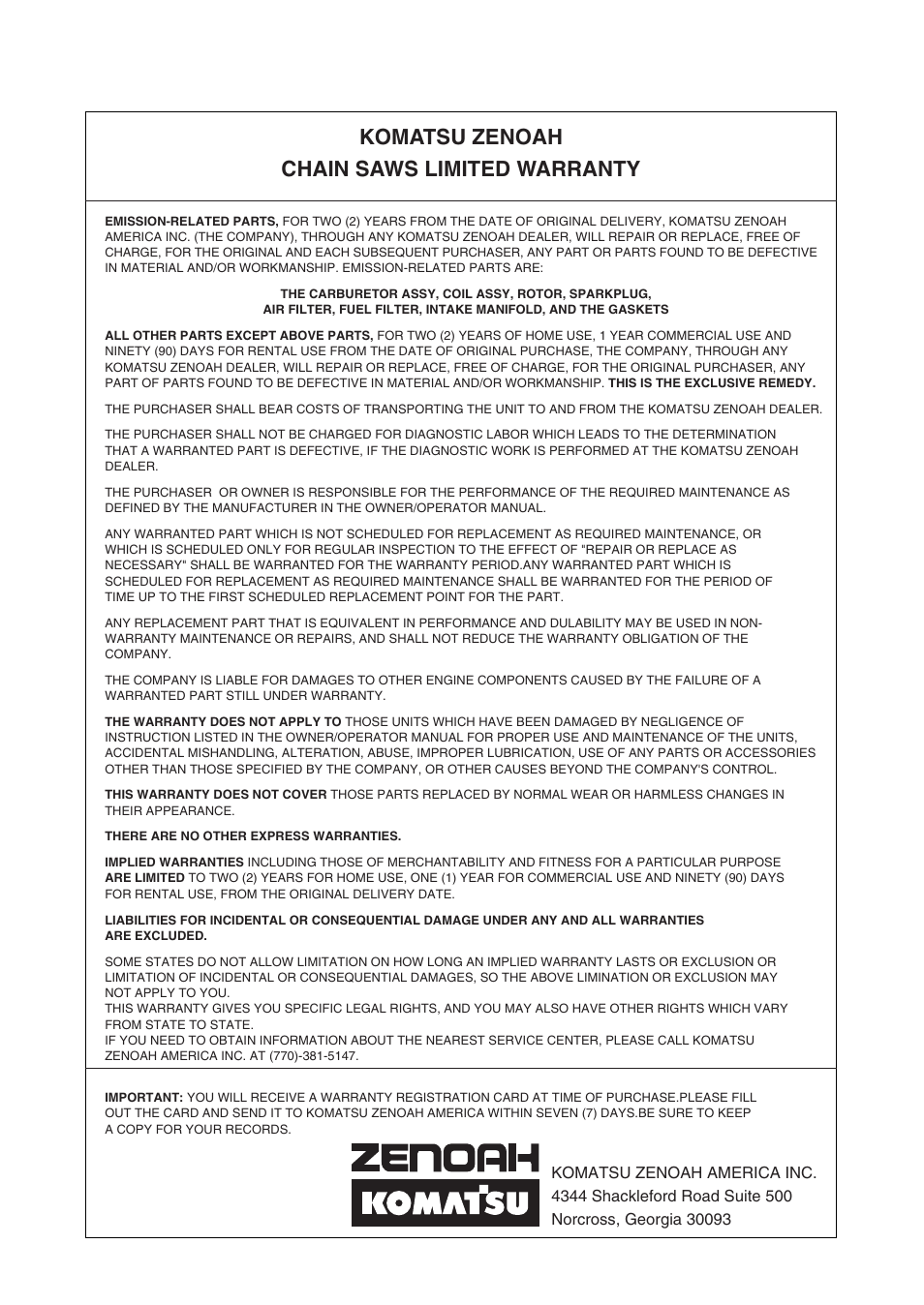 Komatsu zenoah chain saws limited warranty | Zenoah KOMATSU G5000AVS User Manual | Page 67 / 72