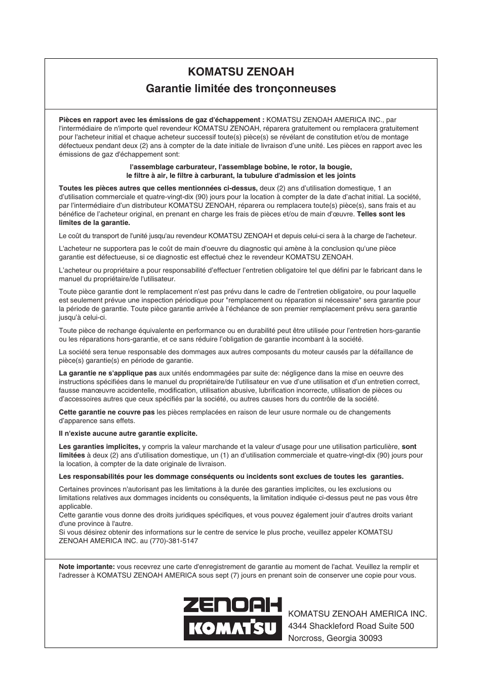 Komatsu zenoah garantie limitée des tronçonneuses | Zenoah KOMATSU G5000AVS User Manual | Page 68 / 72