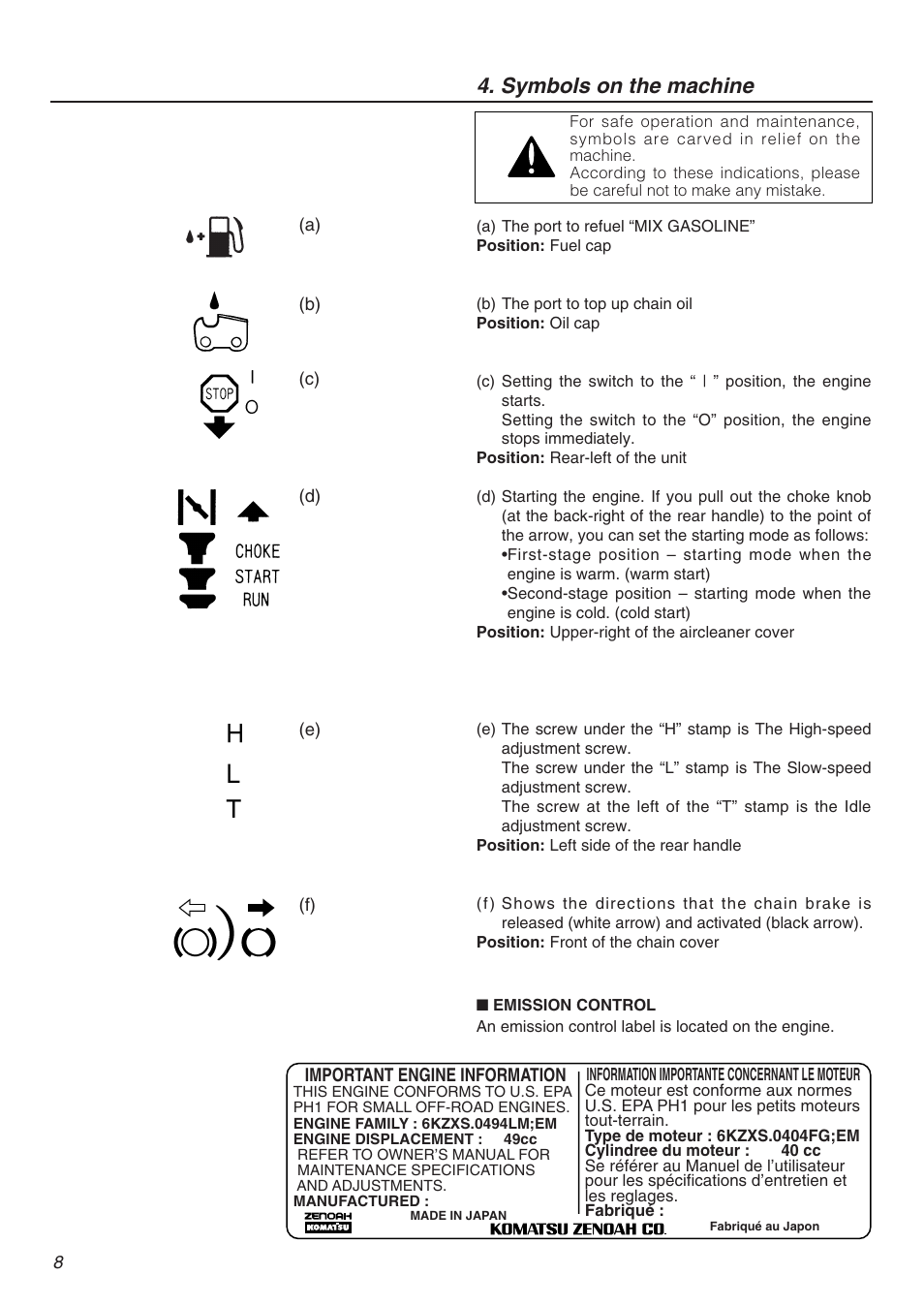 Symbols on the machine | Zenoah KOMATSU G5000AVS User Manual | Page 8 / 72