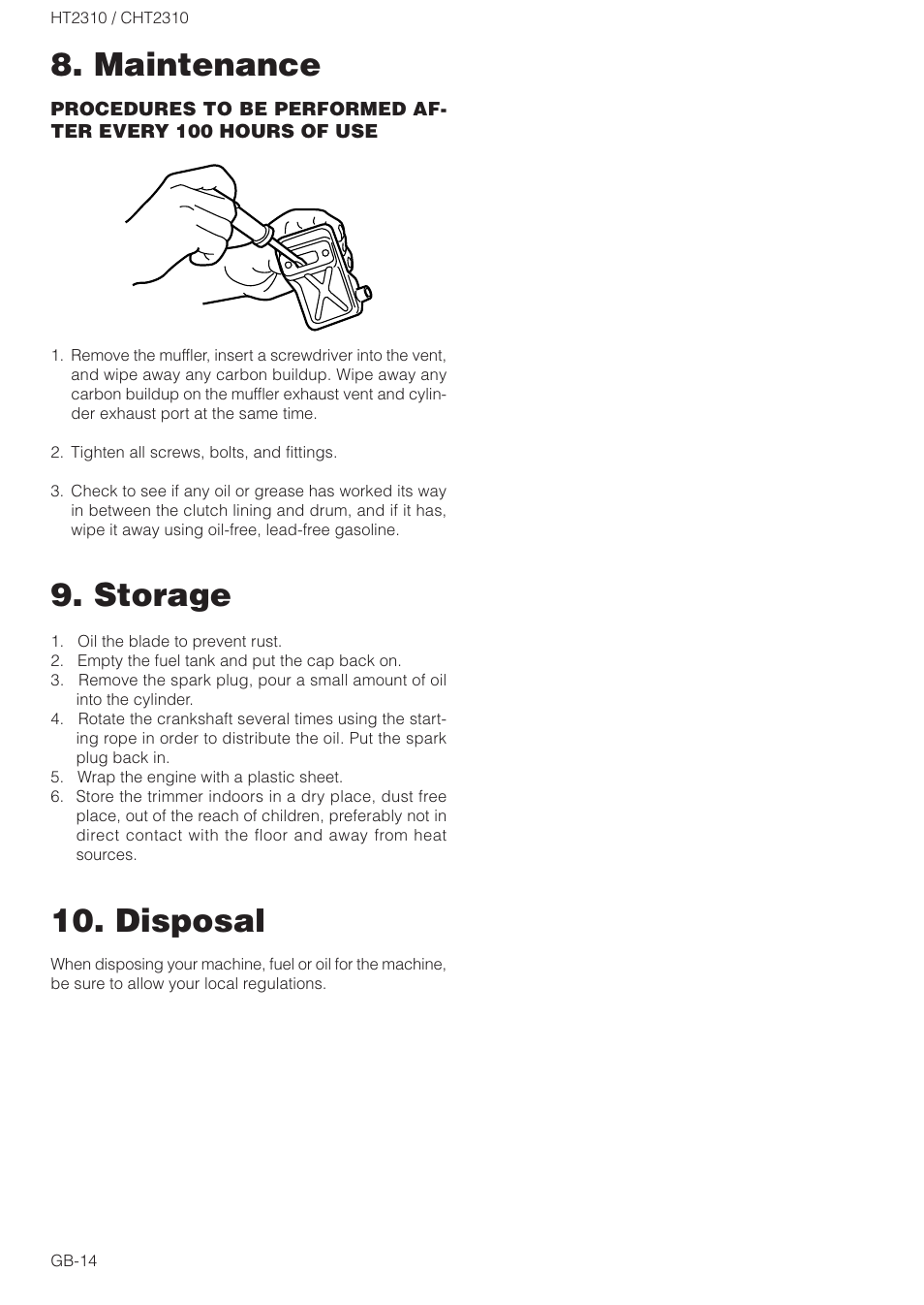 Storage, Maintenance 10. disposal | Zenoah CHT2310 User Manual | Page 14 / 15
