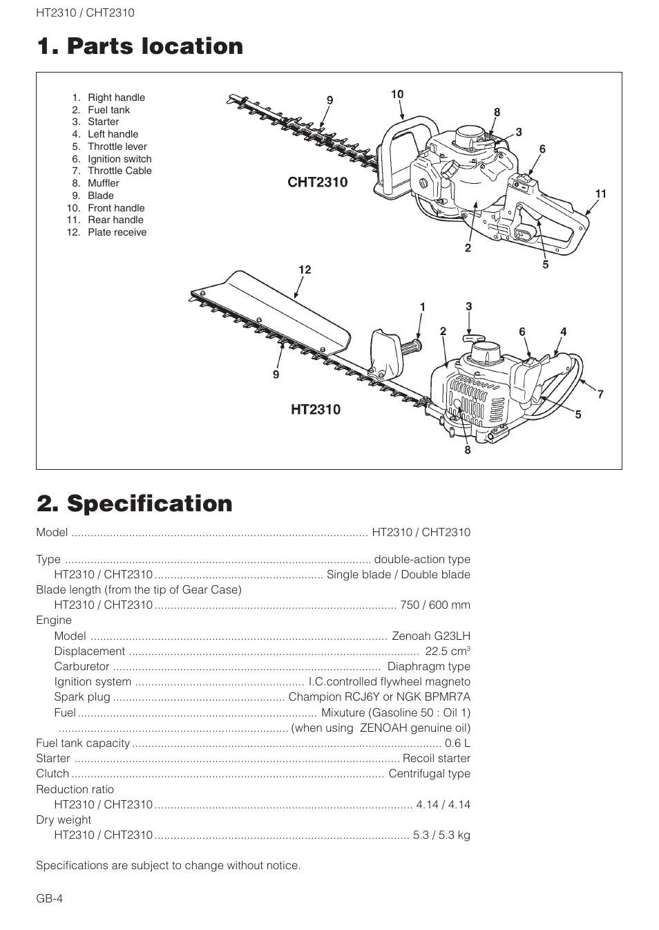 Specification, Parts location | Zenoah CHT2310 User Manual | Page 4 / 15