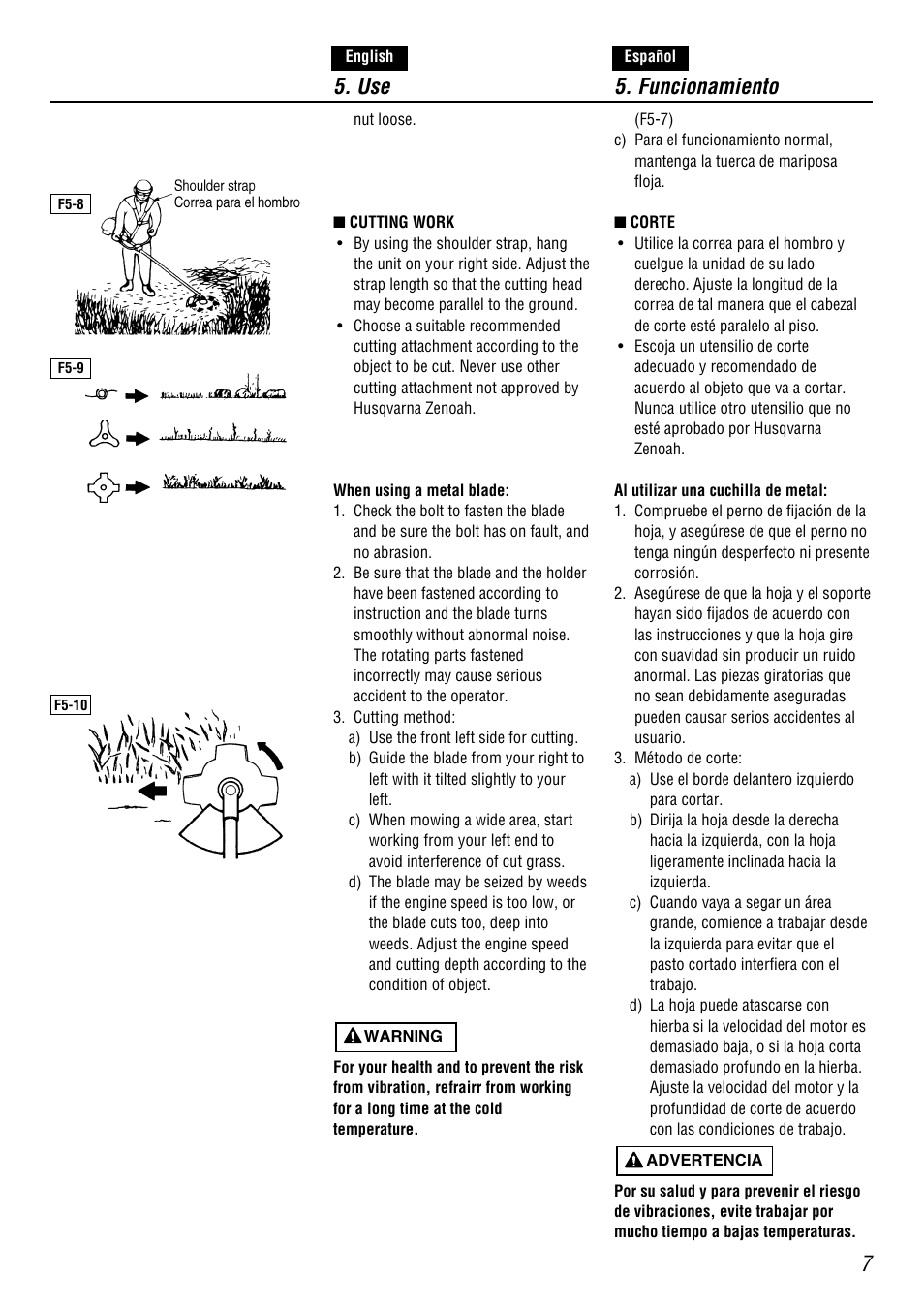 Use 5. funcionamiento | Zenoah STANDARD CUTTER STEEL-BLADE BC4500DW User Manual | Page 7 / 12