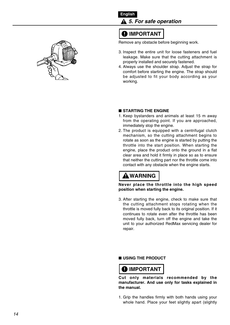 Important warning important 5. for safe operation | Zenoah RedMax SRTZ2401 User Manual | Page 14 / 56