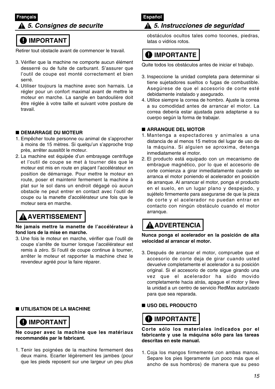 Important avertissement important | Zenoah RedMax SRTZ2401 User Manual | Page 15 / 56
