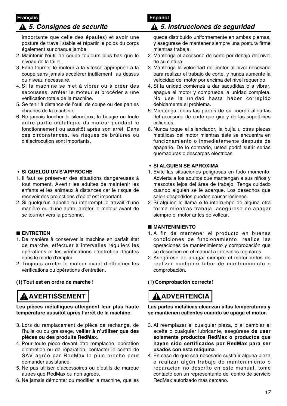 Avertissement | Zenoah RedMax SRTZ2401 User Manual | Page 17 / 56