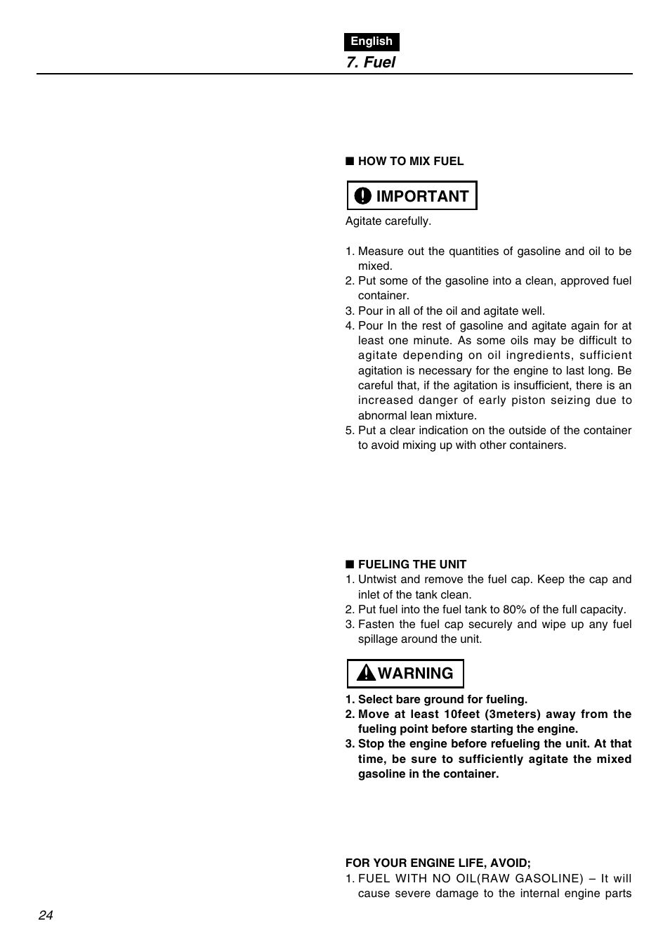 Warning important 7. fuel | Zenoah RedMax SRTZ2401 User Manual | Page 24 / 56