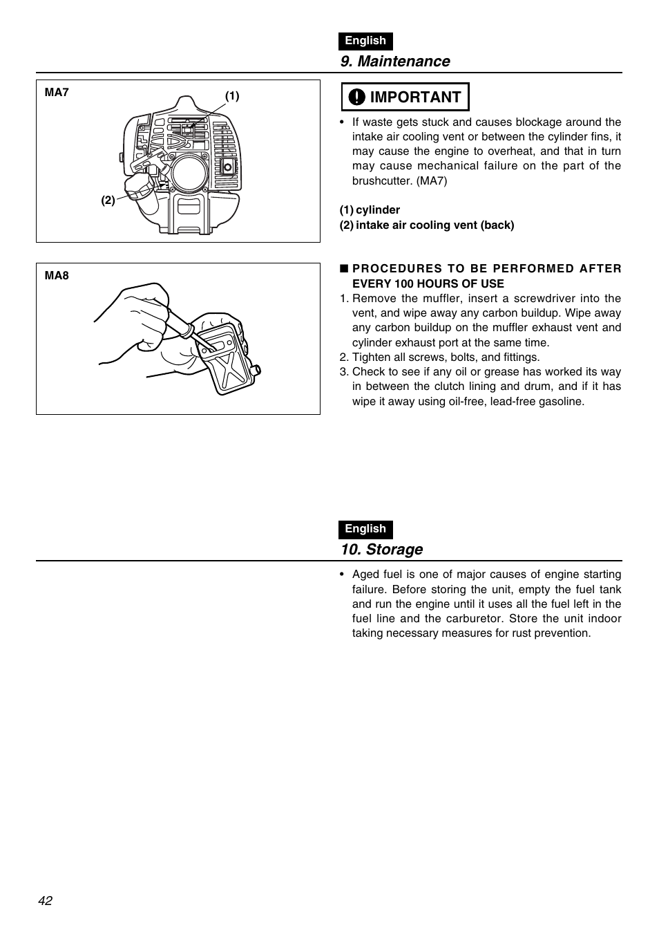 Maintenance, Important, Storage | Zenoah RedMax SRTZ2401 User Manual | Page 42 / 56