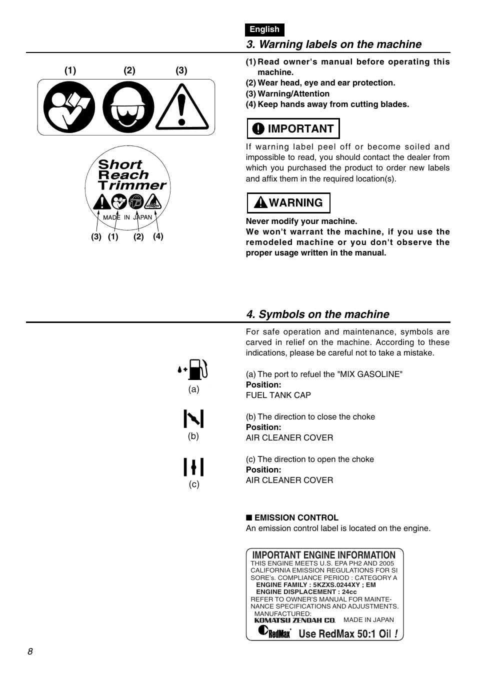 Warning labels on the machine, Warning important 4. symbols on the machine | Zenoah RedMax SRTZ2401 User Manual | Page 8 / 56