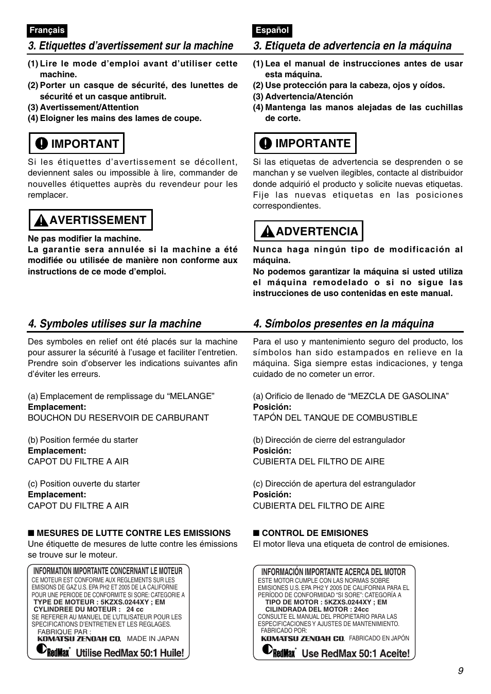 Avertissement important, Advertencia importante | Zenoah RedMax SRTZ2401 User Manual | Page 9 / 56