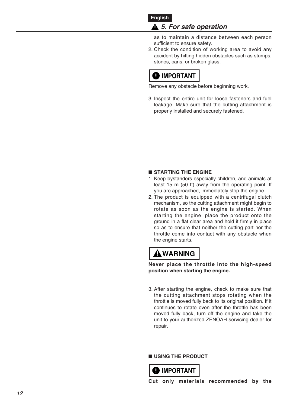 Important warning important 5. for safe operation | Zenoah CHT2200 User Manual | Page 12 / 48