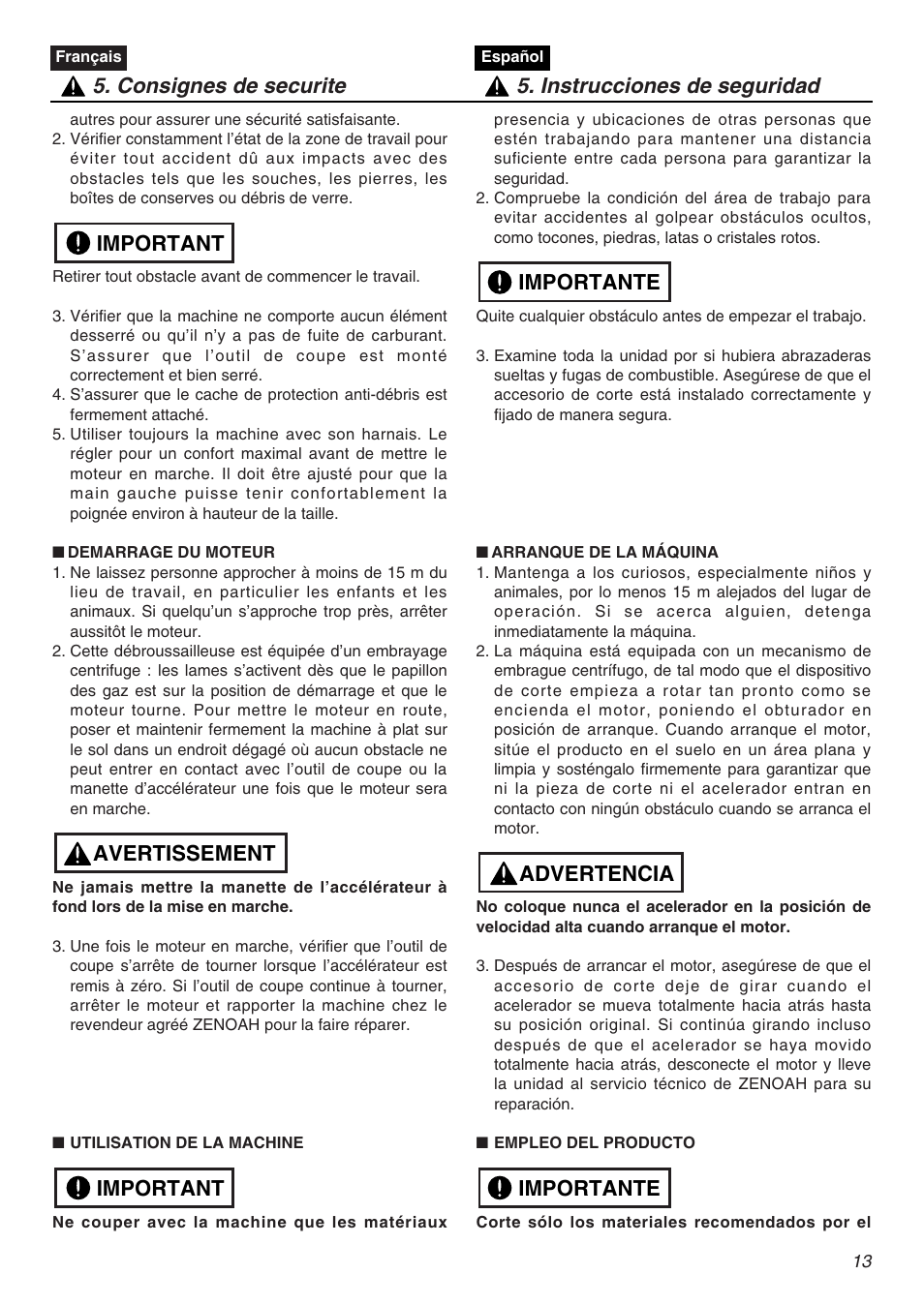 Important avertissement important | Zenoah CHT2200 User Manual | Page 13 / 48