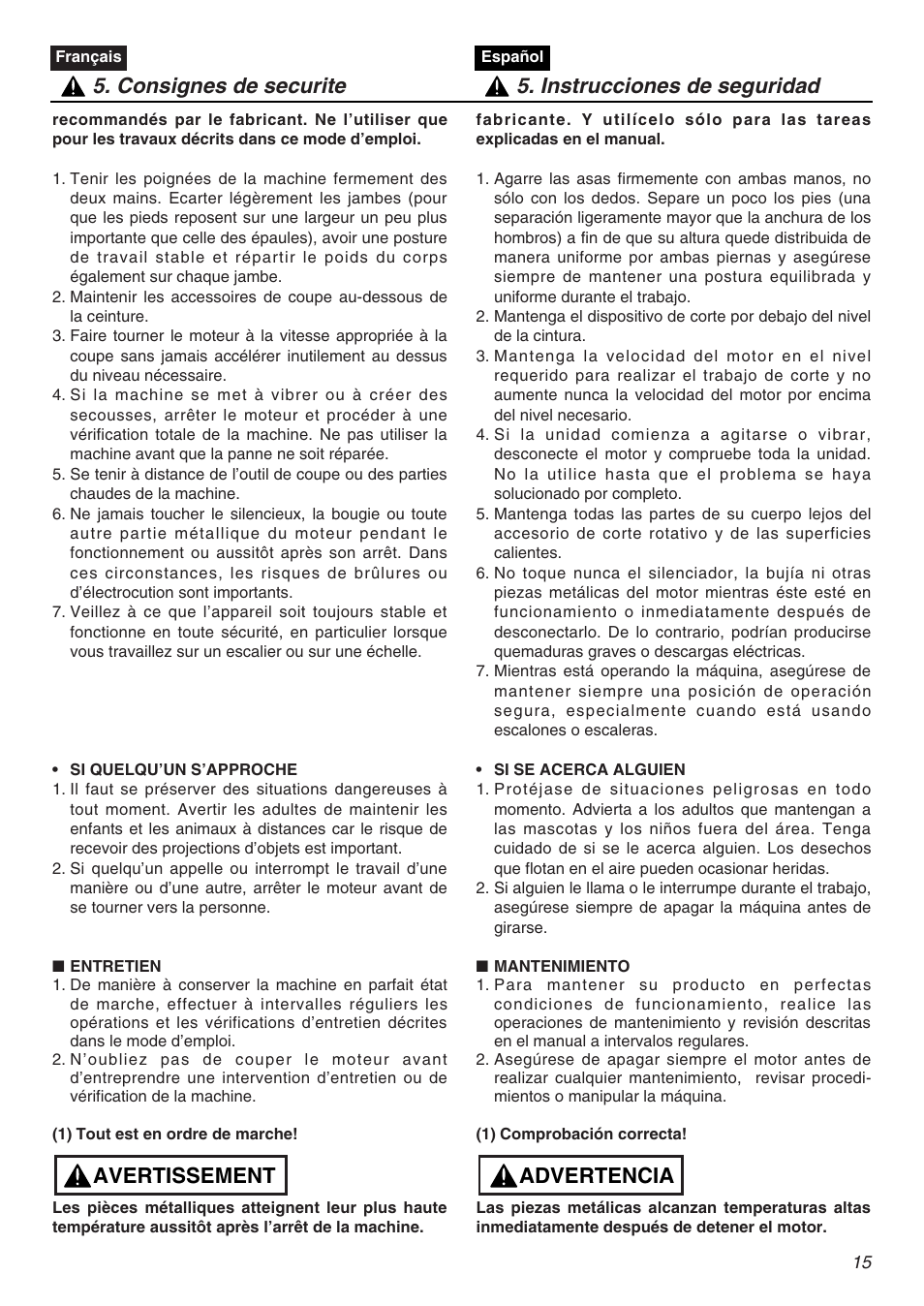 Avertissement | Zenoah CHT2200 User Manual | Page 15 / 48