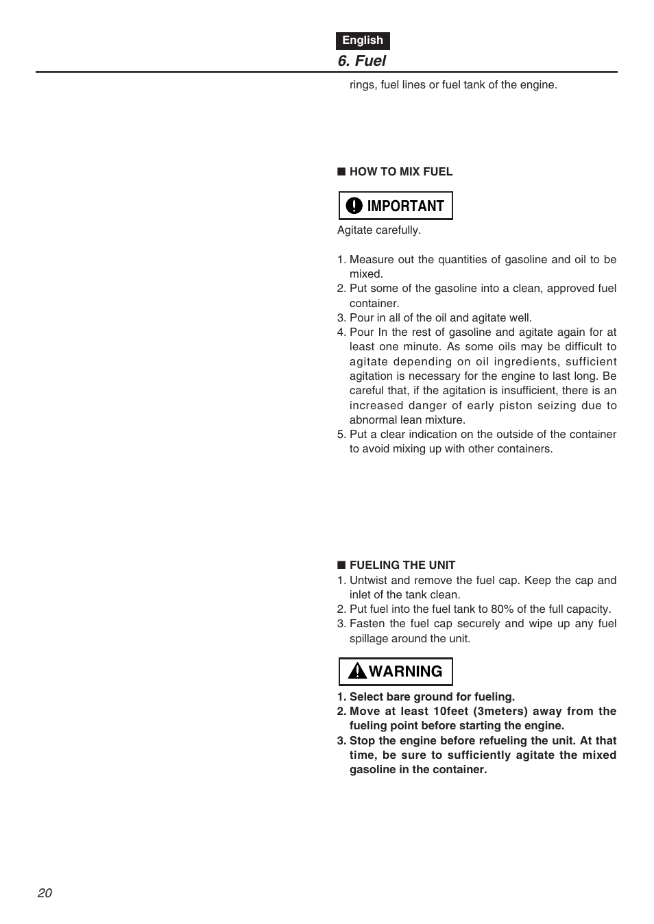 Warning important 6. fuel | Zenoah CHT2200 User Manual | Page 20 / 48