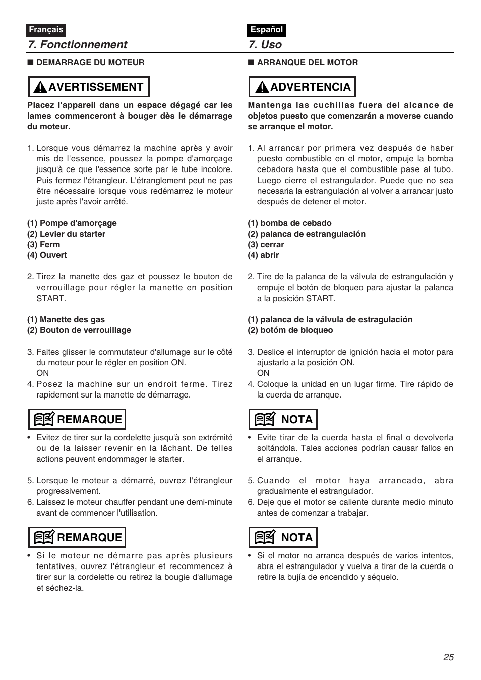 Fonctionnement 7. uso, Remarque, Remarque avertissement | Nota, Nota advertencia | Zenoah CHT2200 User Manual | Page 25 / 48