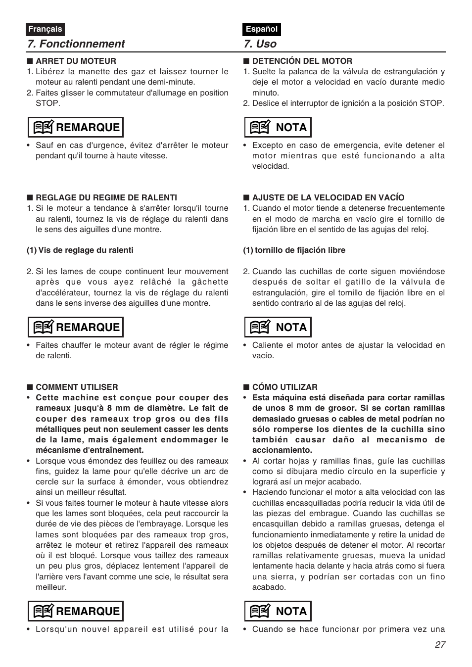 Fonctionnement 7. uso, Remarque, Nota | Zenoah CHT2200 User Manual | Page 27 / 48