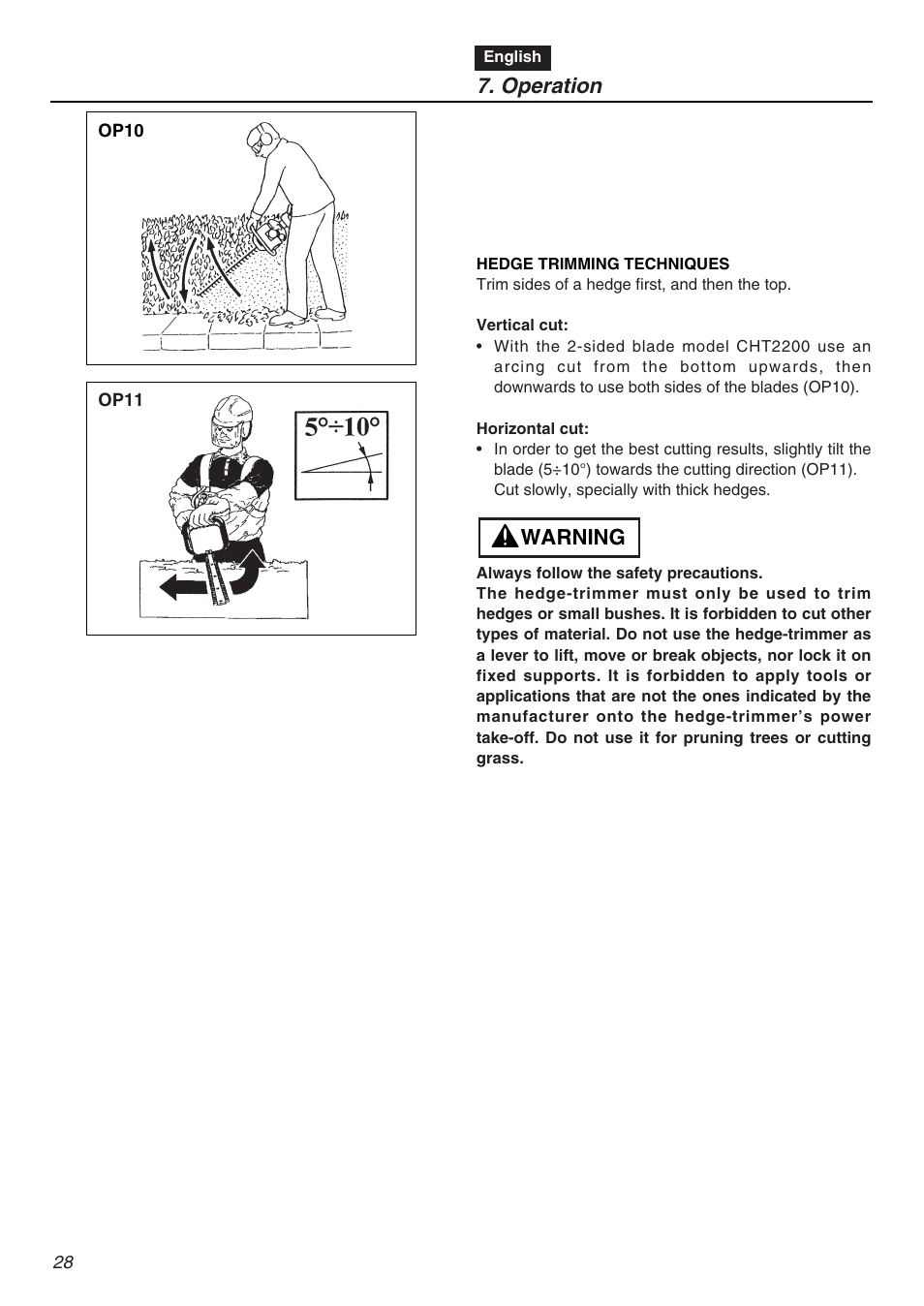 Operation, Warning | Zenoah CHT2200 User Manual | Page 28 / 48