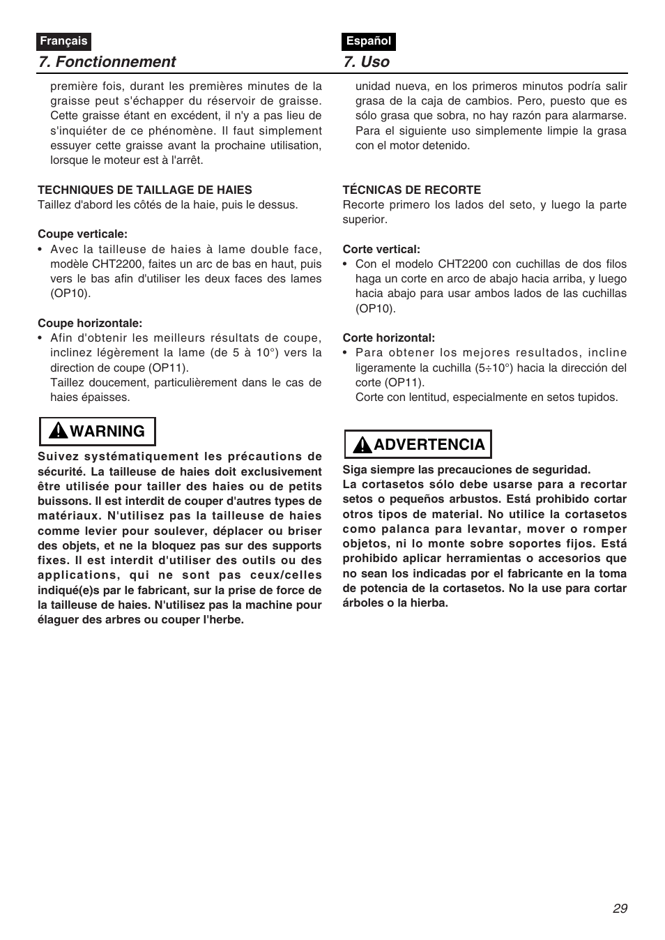 Fonctionnement 7. uso, Advertencia, Warning | Zenoah CHT2200 User Manual | Page 29 / 48