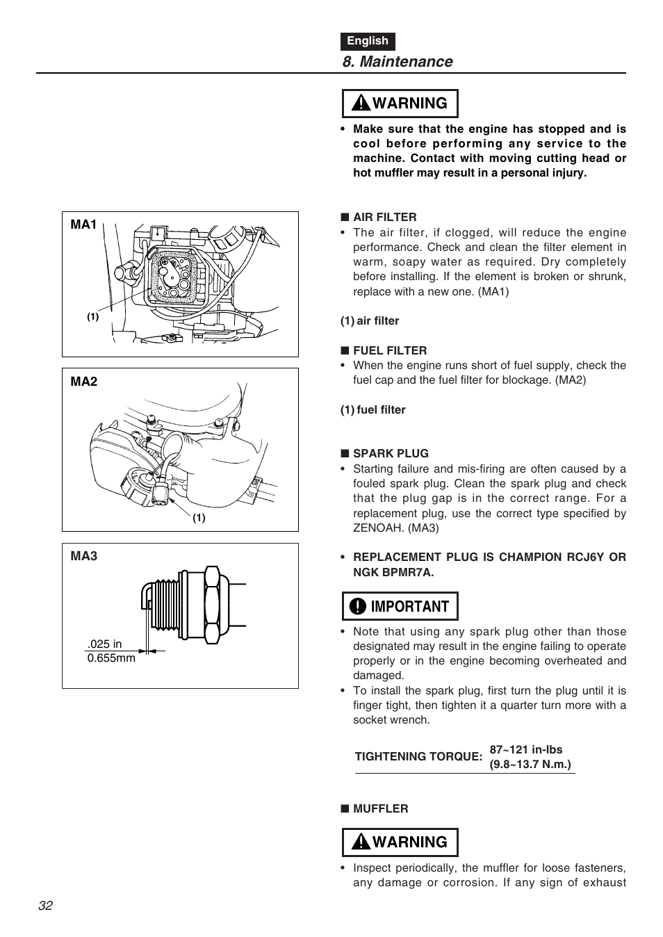 Maintenance, Warning important warning | Zenoah CHT2200 User Manual | Page 32 / 48