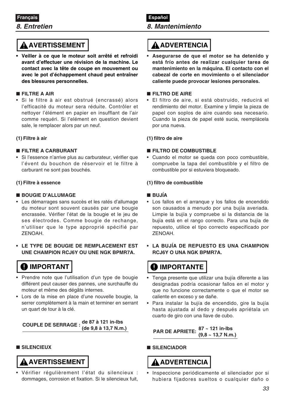 Entretien 8. mantenimiento, Avertissement important avertissement, Advertencia importante advertencia | Zenoah CHT2200 User Manual | Page 33 / 48