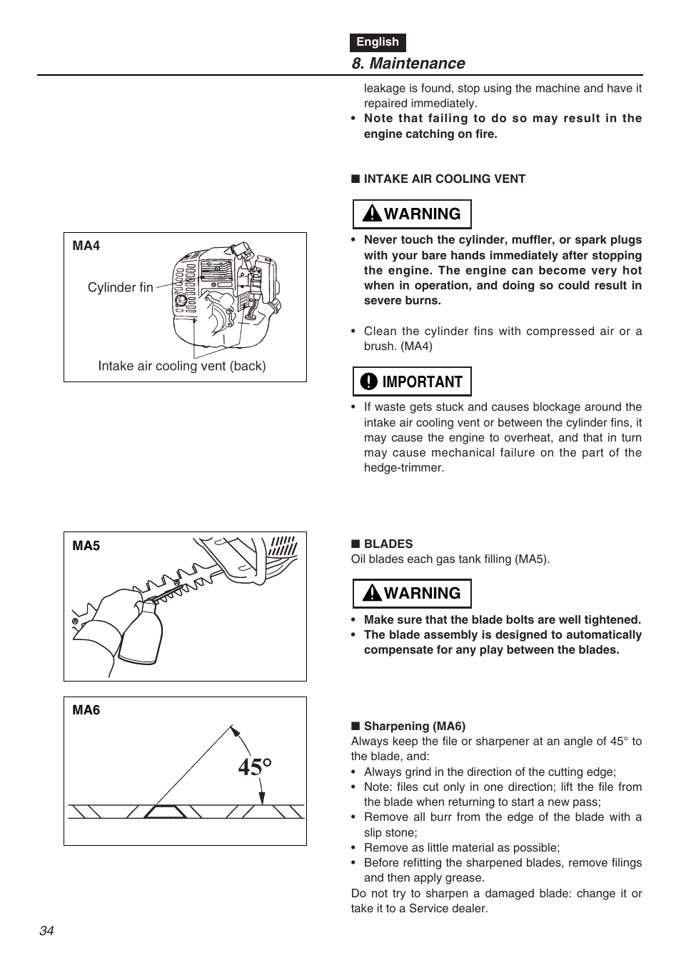 Maintenance, Warning important warning | Zenoah CHT2200 User Manual | Page 34 / 48