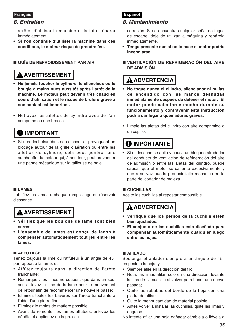 Entretien 8. mantenimiento, Avertissement important avertissement, Advertencia importante advertencia | Zenoah CHT2200 User Manual | Page 35 / 48