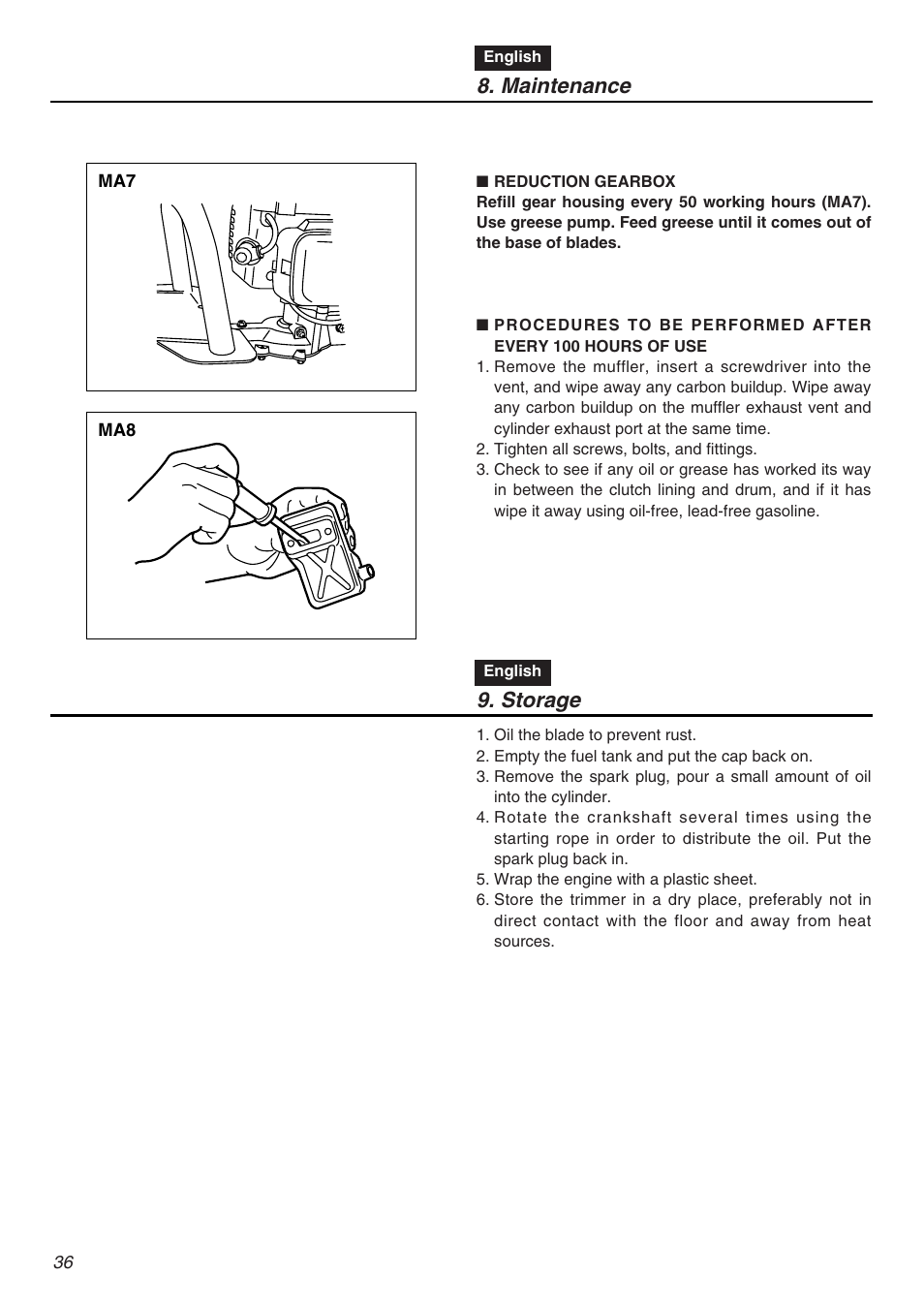 Maintenance, Storage | Zenoah CHT2200 User Manual | Page 36 / 48