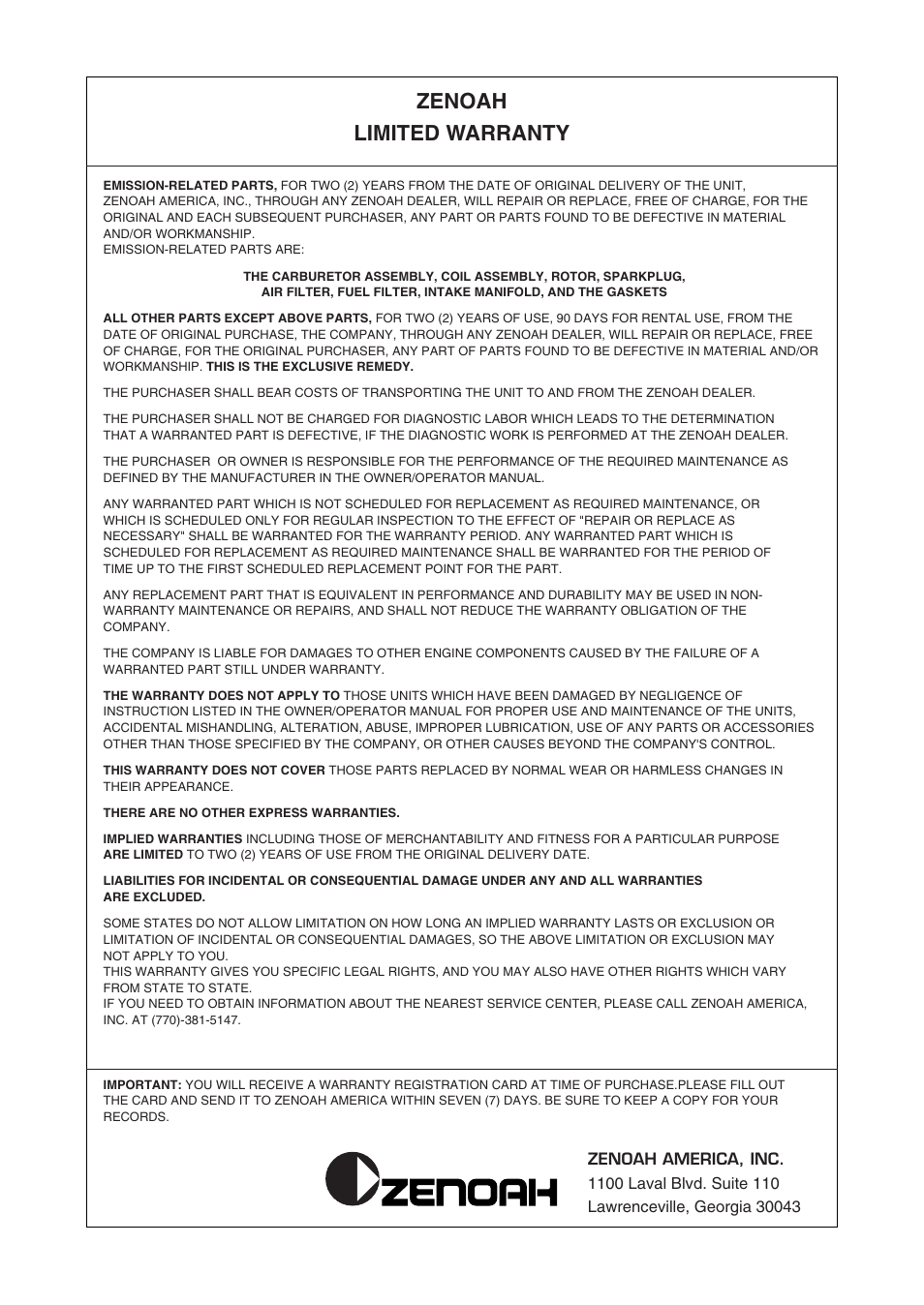 Zenoah limited warranty | Zenoah CHT2200 User Manual | Page 44 / 48