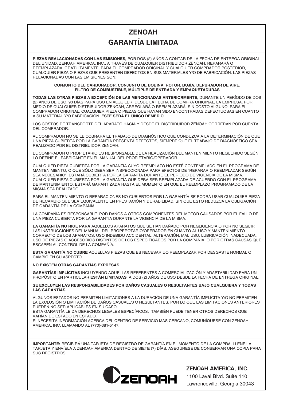 Zenoah garantía limitada | Zenoah CHT2200 User Manual | Page 46 / 48