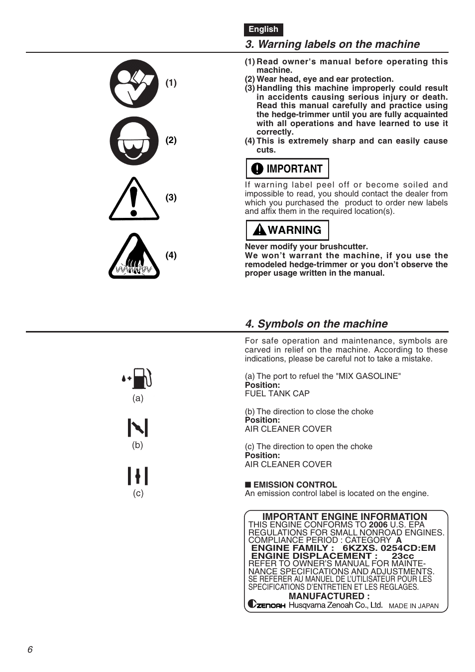 Warning labels on the machine, Warning important 4. symbols on the machine | Zenoah CHT2200 User Manual | Page 6 / 48